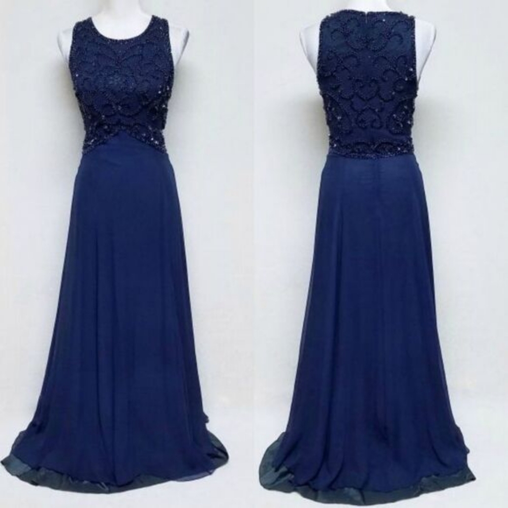 Rare Vintage 70s Blue Silk Chiffon Beaded Sequin High Neck Sleeveless Maxi Dress - Picture 2 of 14
